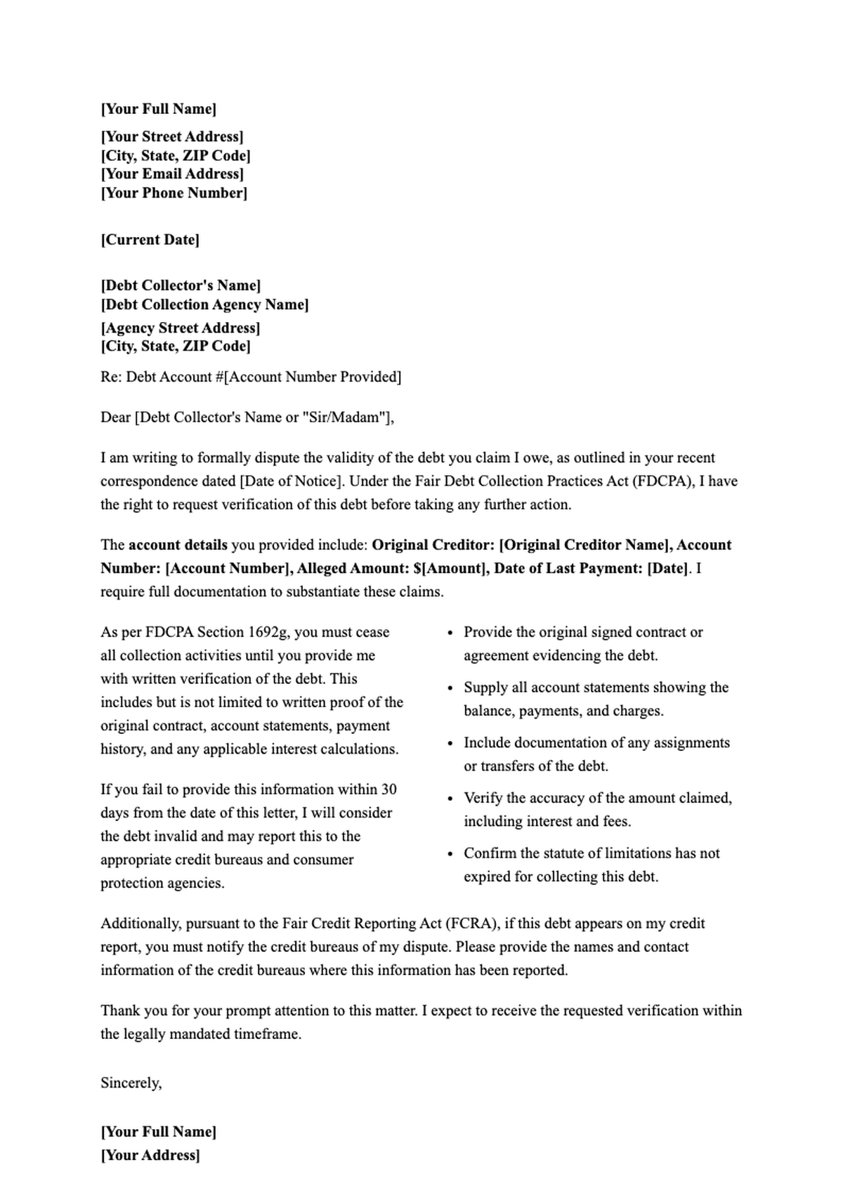 Debt dispute letter template to debt collector with request for validation details_variant_3